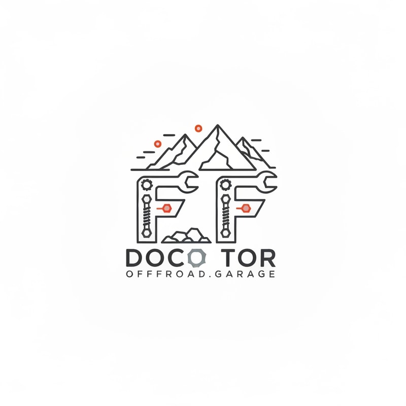 Design a clean, linear, and minimal typographic logo for a car garage specialized in offroad tuning and vehicle customization, named “Doctor.Offroad.Garage”.
Integrate a simple linear illustration of mountains and rocks into the design to symbolize offroad adventure and rugged terrain.
The logo should have sharp, angular, and rugged linework, with a bold monoline vector style.
Incorporate mechanical elements such as nuts, bolts, and wrench heads subtly within the typography, especially integrating them into the design of the two “F” letters, whose tops should be shaped like wrench heads.
Use metallic tones such as dark gray, steel silver, and small orange or red accents to create an industrial and offroad atmosphere.
The overall composition should feel powerful yet minimal — clean lines, geometric structure, flat (no shadows), transparent background, vector-style design suitable for car decals, garage signage, and brand identity.