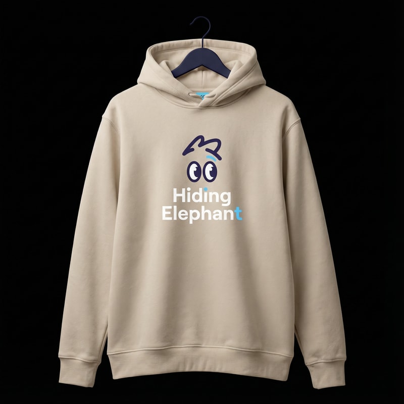 A high-quality realistic streetwear hoodie mockup, light beige / off-white hoodie on a pure black background.
Minimal premium branding for a tech-style brand called “Hiding Elephant”.

The logo features playful cartoon eyes and a handwritten-style abstract elephant line mark, placed subtly on the chest.
Clean typography, modern sans-serif, balanced spacing, no oversized graphics.

Brand color palette: soft sky blue, white, dark navy accents.

Fabric texture clearly visible, realistic cotton fleece material, soft folds, natural shadows.

Studio lighting, centered composition, front view, no people, no text mockup placeholders.

Modern startup merch aesthetic, calm, friendly, trustworthy, minimalist branding.