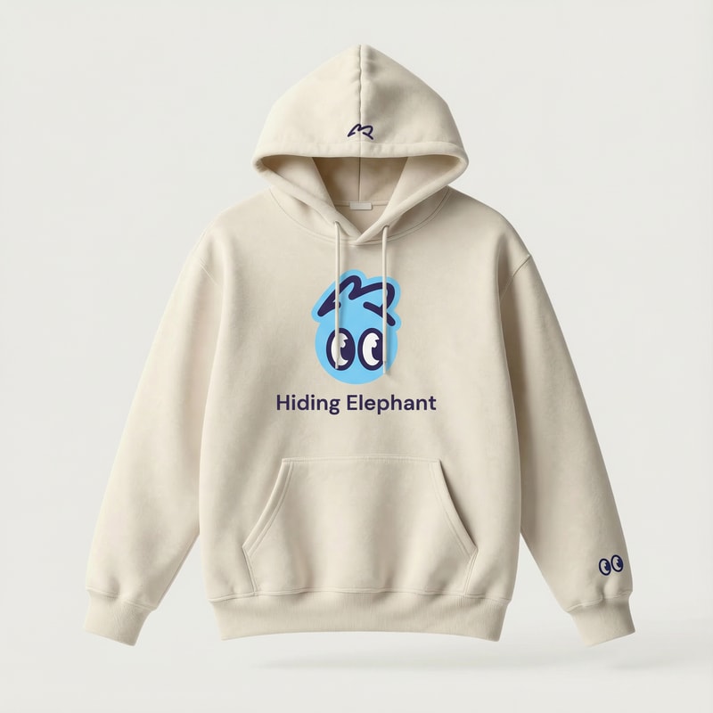 Ultra realistic studio product photo of a beige oversized hoodie, front-facing, no model.

Premium cotton fabric, soft texture, natural folds, high-quality stitching,
fashion e-commerce style, clean and minimal.

Apply full “Hiding Elephant” branding to the hoodie:

— Main chest branding:
centered playful eye icon inspired by the Hiding Elephant logo,
rounded friendly cartoon eyes with a small eyebrow above,
printed in soft sky blue and deep navy.

— Brand name:
“Hiding Elephant” placed under the icon in clean modern sans-serif typography,
balanced spacing, subtle and confident.

— Secondary branding details:
small eye icon embroidered near the left sleeve cuff,
tiny eyebrow graphic on the back near the neck collar,
minimal and tasteful.

Branding style:
friendly, smart, playful but premium,
not childish, not loud, modern startup streetwear.

Printing style:
high-quality screen print and embroidery mix,
ink integrated naturally into fabric.

Lighting:
soft diffused studio light,
gentle shadows, realistic depth.

Background:
light neutral studio background (off-white / light gray),
no texture, no gradients.

Ultra realistic product mockup,
fashion brand presentation,
sharp focus, high detail, professional photography.