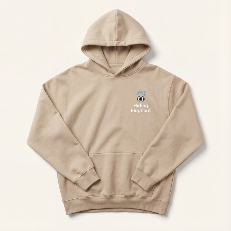 Minimalist studio product photo of a beige oversized hoodie, front view, no model.
Clean soft fabric texture, realistic folds and seams, premium streetwear quality.

Apply subtle branding inspired by the “Hiding Elephant” logo:
— small playful eye icon placed on the chest (left side),
— soft rounded shapes, friendly character style,
— brand name “Hiding Elephant” in clean sans-serif typography.

Branding color palette:
soft sky blue and dark navy accents, matching the logo style,
print looks like high-quality screen print or embroidery.

Lighting:
soft diffused studio light, gentle shadows, high realism.

Background:
light neutral background (off-white / very light gray),
no gradients, no patterns.

Ultra realistic product mockup, fashion catalog style,
sharp focus, high detail, professional e-commerce photography.