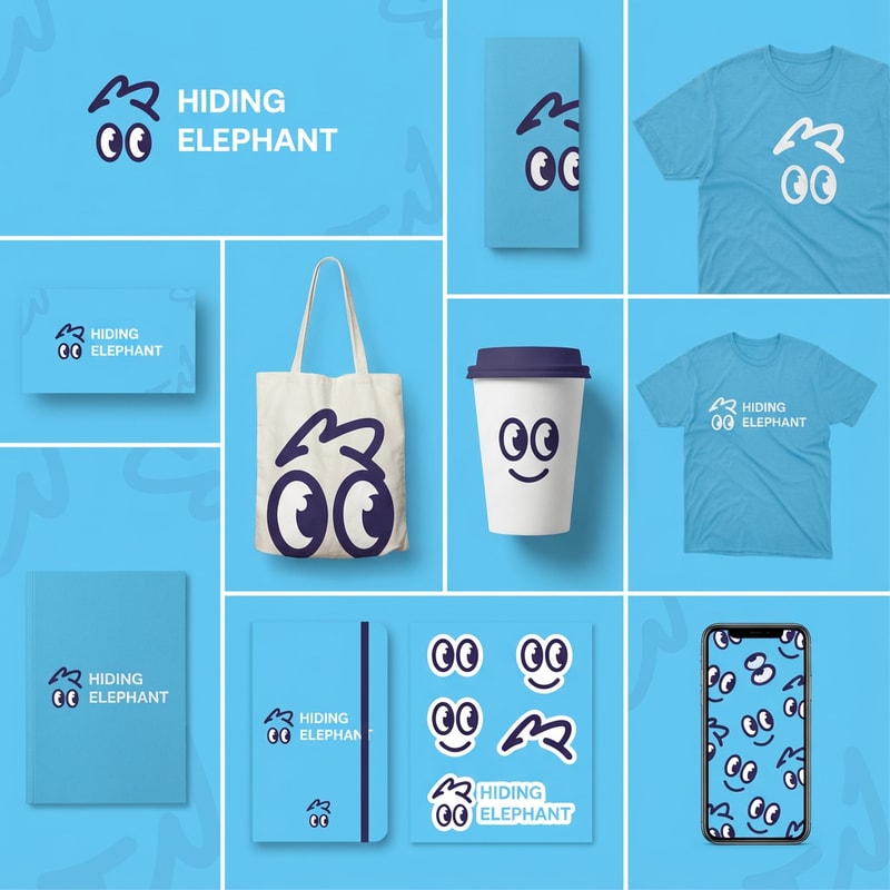 Develop the elephant into a more complete branding for hiding elephant based on the attached examples. For the demo extract also elements like the smile alone, the smile on the eyes, the hair, I want to see little elements all come to life in a branding mock-up. Make it a grid with multiple examples. remove unrelated text"