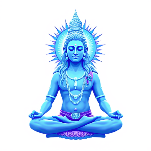 Professional logo design. The light-Blue coloured bodied Shiva is meditating. We only see him from the throat up. From the pit of his throat, a blue coloured energy shoots up travelling through his mid point in the forehead, the place between the eyebrows and slowly travels to his head to the top of his head. Also known as the crown chakra. As the shards of energy travel to the top of his head, the colour of the energy slowly turns from blue to Purple and we see the closed eyes of Shiva slowly turning within himself as in the statue of the Adiyogi which is installed in Coimbatore.