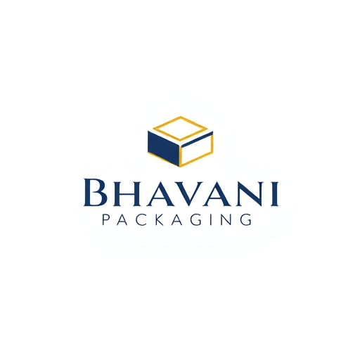 Professional logo design. Minimalist for a packaging design company named "Bhavani Packaging": A stylized "B" seamlessly integrated with a subtle outline of a box or a folded sheet, representing creation and structure. Clean, modern, and sophisticated. Navy blue and gold, with touches of crisp white. Sans-serif, geometric font, with slightly rounded edges. Art Deco influence for elegance and timelessness, combined with a modern, geometric sensibility. Abstract geometric shapes forming a clean and abstract symbol. White background.