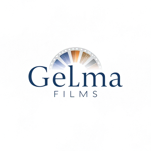 Professional logo design. Pictorial for a film production company named "Gelma Films": A stylized film reel with subtle, abstract light flares, a sophisticated palette of deep blues, golds, and muted grays, and a modern, elegant sans-serif typeface. Design with a cinematic and artistic influence, focusing on a clean, memorable, and impactful visual execution, on a subtle textured background.