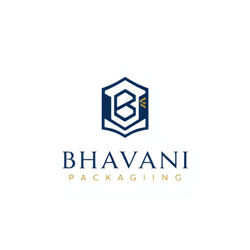 Professional logo design. Minimalist for a packaging design company named "Bhavani Packaging": A stylized "B" seamlessly integrated with a subtle outline of a box or a folded sheet, representing creation and structure. Clean, modern, and sophisticated. Navy blue and gold, with touches of crisp white. Sans-serif, geometric font, with slightly rounded edges. Art Deco influence for elegance and timelessness, combined with a modern, geometric sensibility. Abstract geometric shapes forming a clean and abstract symbol. White background.