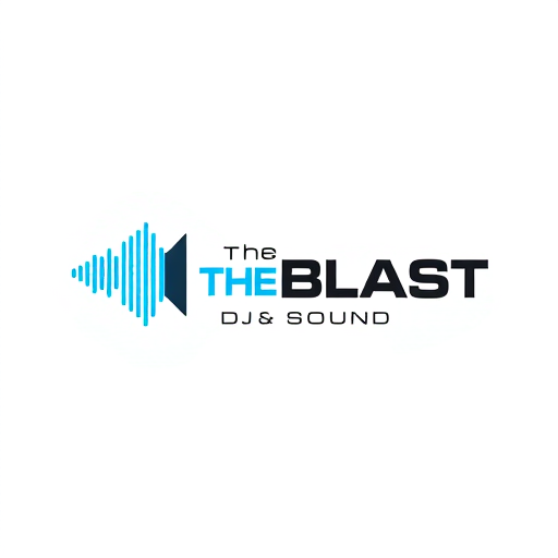 Professional logo design. Minimalist logo for a DJ and sound company named "The Blast DJ & Sound": a stylized sound wave emanating from a clean, geometric speaker cone, suggesting powerful audio and dynamic energy, electric blue and deep black, a bold sans-serif font with sharp edges, inspired by modern electronic music visuals and retro futurism, clean lines and subtle gradients for depth, white background.