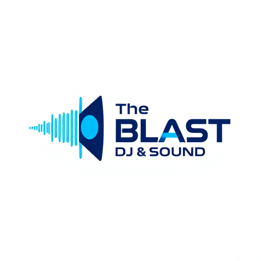 Professional logo design. Minimalist logo for a DJ and sound company named "The Blast DJ & Sound": a stylized sound wave emanating from a clean, geometric speaker cone, suggesting powerful audio and dynamic energy, electric blue and deep black, a bold sans-serif font with sharp edges, inspired by modern electronic music visuals and retro futurism, clean lines and subtle gradients for depth, white background.