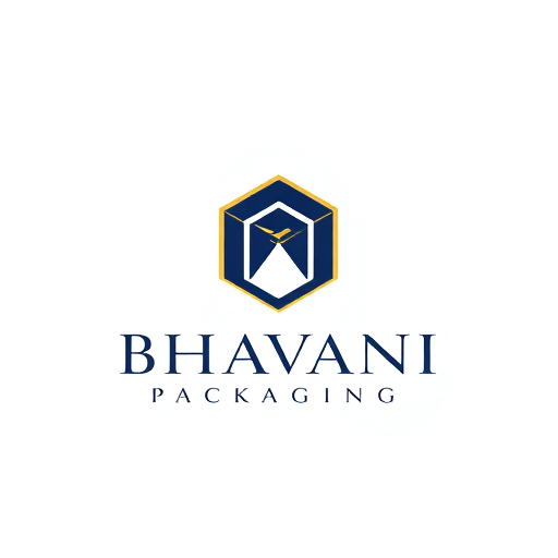 Professional logo design. Minimalist for a packaging design company named "Bhavani Packaging": A stylized "B" seamlessly integrated with a subtle outline of a box or a folded sheet, representing creation and structure. Clean, modern, and sophisticated. Navy blue and gold, with touches of crisp white. Sans-serif, geometric font, with slightly rounded edges. Art Deco influence for elegance and timelessness, combined with a modern, geometric sensibility. Abstract geometric shapes forming a clean and abstract symbol. White background.