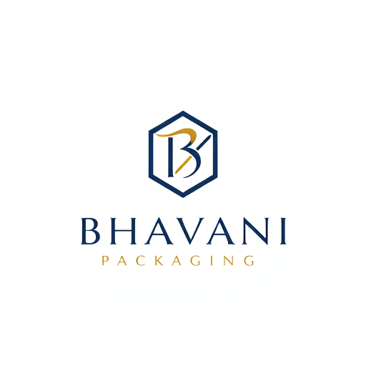 Professional logo design. Minimalist for a packaging design company named "Bhavani Packaging": A stylized "B" seamlessly integrated with a subtle outline of a box or a folded sheet, representing creation and structure. Clean, modern, and sophisticated. Navy blue and gold, with touches of crisp white. Sans-serif, geometric font, with slightly rounded edges. Art Deco influence for elegance and timelessness, combined with a modern, geometric sensibility. Abstract geometric shapes forming a clean and abstract symbol. White background.