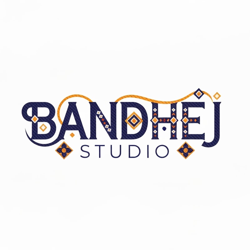 Professional logo design. Wordmark logo for a sari shop named "BANDHEJ STUDIO": featuring intricate, flowing typography that evokes the artistry of bandhej dyeing, paired with subtle geometric motifs inspired by traditional Indian patterns. Color palette of deep indigo, saffron, and gold, with accents of cream. Typography should be elegant and slightly calligraphic. Design with a focus on heritage and luxury, with a modern, sophisticated visual execution. Incorporate subtle textures that mimic woven fabric. White background.