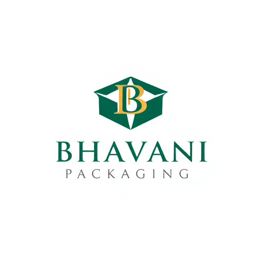 Professional logo design. Minimalist for a packaging design company named "Bhavani Packaging": Abstract representation of a folded box with a stylized "B" integrated into it, symbolizing creation and structure, Deep emerald green and sophisticated gold with subtle grey accents, Modern sans-serif with clean lines, Design with a focus on geometric precision and a hint of organic flow, Sharp edges transitioning into smooth curves, Solid white background.