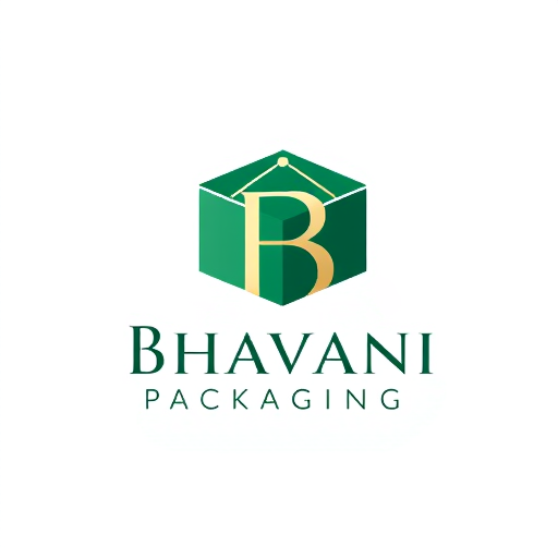 Professional logo design. Minimalist for a packaging design company named "Bhavani Packaging": Abstract representation of a folded box with a stylized "B" integrated into it, symbolizing creation and structure, Deep emerald green and sophisticated gold with subtle grey accents, Modern sans-serif with clean lines, Design with a focus on geometric precision and a hint of organic flow, Sharp edges transitioning into smooth curves, Solid white background.