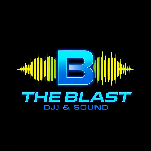 Professional logo design. a high-energy DJ and sound company named "The Blast DJ & Sound": Abstract sound wave forming a stylized 'B' or 'S', vibrant electric blue and sharp yellow, bold sans-serif font with subtle angular cuts. Design with a modern, futuristic influence and a sleek, dynamic style direction, incorporating subtle glowing effects on the sound wave, and a clean, solid background.
