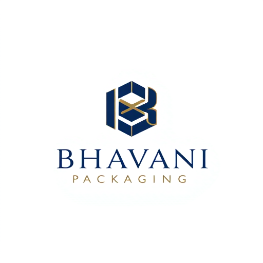 Professional logo design. Minimalist for a packaging design company named "Bhavani Packaging": A stylized "B" seamlessly integrated with a subtle outline of a box or a folded sheet, representing creation and structure. Clean, modern, and sophisticated. Navy blue and gold, with touches of crisp white. Sans-serif, geometric font, with slightly rounded edges. Art Deco influence for elegance and timelessness, combined with a modern, geometric sensibility. Abstract geometric shapes forming a clean and abstract symbol. White background.