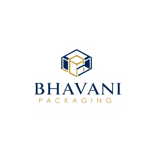 Professional logo design. Minimalist for a packaging design company named "Bhavani Packaging": A stylized "B" seamlessly integrated with a subtle outline of a box or a folded sheet, representing creation and structure. Clean, modern, and sophisticated. Navy blue and gold, with touches of crisp white. Sans-serif, geometric font, with slightly rounded edges. Art Deco influence for elegance and timelessness, combined with a modern, geometric sensibility. Abstract geometric shapes forming a clean and abstract symbol. White background.