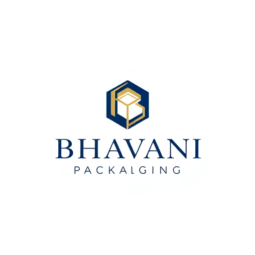 Professional logo design. Minimalist for a packaging design company named "Bhavani Packaging": A stylized "B" seamlessly integrated with a subtle outline of a box or a folded sheet, representing creation and structure. Clean, modern, and sophisticated. Navy blue and gold, with touches of crisp white. Sans-serif, geometric font, with slightly rounded edges. Art Deco influence for elegance and timelessness, combined with a modern, geometric sensibility. Abstract geometric shapes forming a clean and abstract symbol. White background.