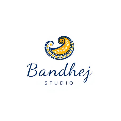Professional logo design. Minimalist logo for a sari design company named "Bandhej Studio": Abstract representation of a paisley motif in a fluid, flowing form, symbolizing the drape of a sari and the intricate patterns of bandhej art. Color palette: Deep indigo, saffron yellow, and ivory white, evoking traditional Indian textiles and natural dyes. Typography: Elegant, hand-drawn script for "Bandhej Studio," with a slightly more modern sans-serif for "Studio." Design with an influence of traditional Indian block printing and contemporary art. Visual execution: Clean lines, subtle gradients, and a sense of organic movement. Background type: Clean white.