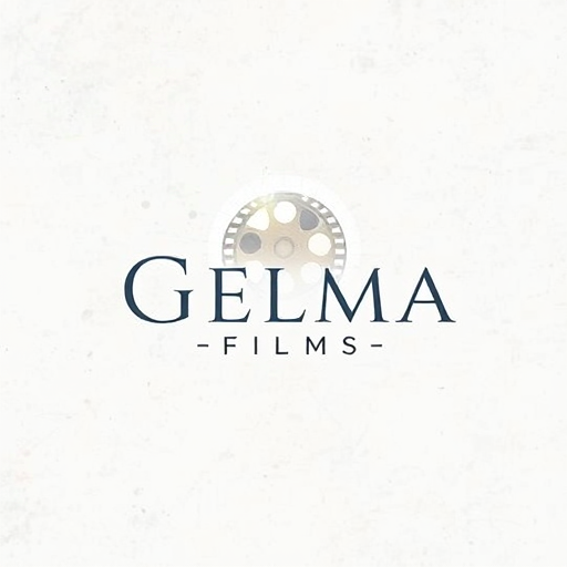 Professional logo design. Pictorial for a film production company named "Gelma Films": A stylized film reel with subtle, abstract light flares, a sophisticated palette of deep blues, golds, and muted grays, and a modern, elegant sans-serif typeface. Design with a cinematic and artistic influence, focusing on a clean, memorable, and impactful visual execution, on a subtle textured background.
