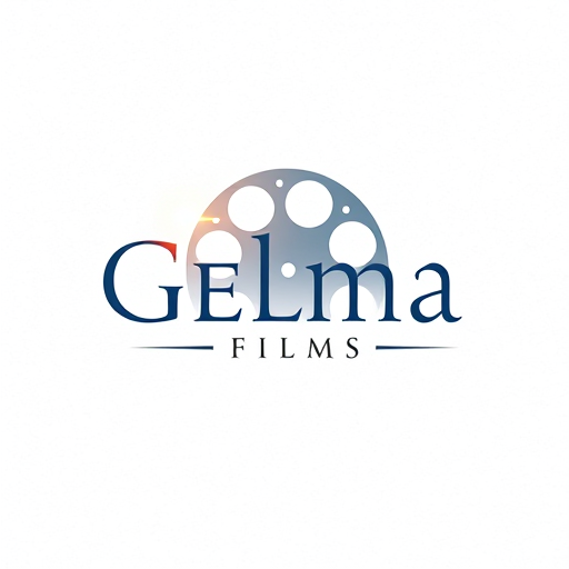 Professional logo design. Pictorial for a film production company named "Gelma Films": A stylized film reel with subtle, abstract light flares, a sophisticated palette of deep blues, golds, and muted grays, and a modern, elegant sans-serif typeface. Design with a cinematic and artistic influence, focusing on a clean, memorable, and impactful visual execution, on a subtle textured background.