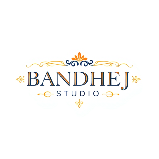 Professional logo design. Wordmark logo for a sari shop named "BANDHEJ STUDIO": featuring intricate, flowing typography that evokes the artistry of bandhej dyeing, paired with subtle geometric motifs inspired by traditional Indian patterns. Color palette of deep indigo, saffron, and gold, with accents of cream. Typography should be elegant and slightly calligraphic. Design with a focus on heritage and luxury, with a modern, sophisticated visual execution. Incorporate subtle textures that mimic woven fabric. White background.