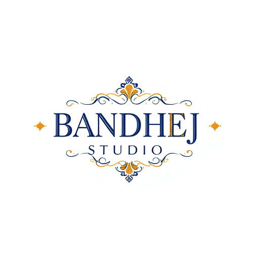 Professional logo design. Wordmark logo for a sari shop named "BANDHEJ STUDIO": featuring intricate, flowing typography that evokes the artistry of bandhej dyeing, paired with subtle geometric motifs inspired by traditional Indian patterns. Color palette of deep indigo, saffron, and gold, with accents of cream. Typography should be elegant and slightly calligraphic. Design with a focus on heritage and luxury, with a modern, sophisticated visual execution. Incorporate subtle textures that mimic woven fabric. White background.