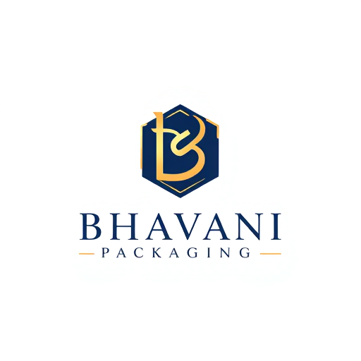 Professional logo design. Minimalist for a packaging design company named "Bhavani Packaging": A stylized "B" seamlessly integrated with a subtle outline of a box or a folded sheet, representing creation and structure. Clean, modern, and sophisticated. Navy blue and gold, with touches of crisp white. Sans-serif, geometric font, with slightly rounded edges. Art Deco influence for elegance and timelessness, combined with a modern, geometric sensibility. Abstract geometric shapes forming a clean and abstract symbol. White background.