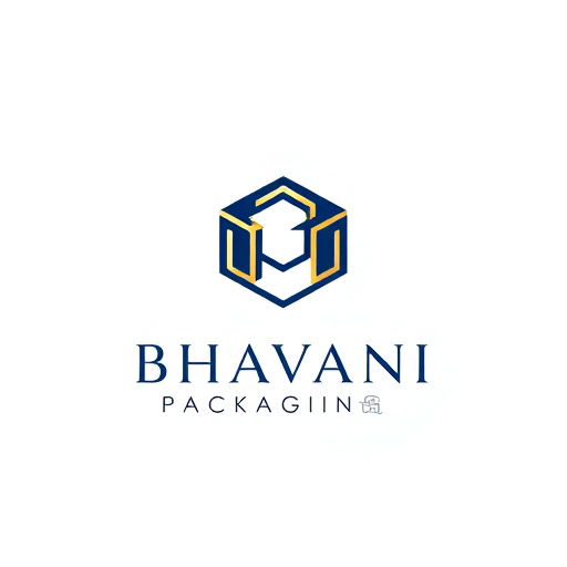 Professional logo design. Minimalist for a packaging design company named "Bhavani Packaging": A stylized "B" seamlessly integrated with a subtle outline of a box or a folded sheet, representing creation and structure. Clean, modern, and sophisticated. Navy blue and gold, with touches of crisp white. Sans-serif, geometric font, with slightly rounded edges. Art Deco influence for elegance and timelessness, combined with a modern, geometric sensibility. Abstract geometric shapes forming a clean and abstract symbol. White background.