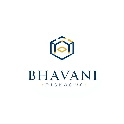 Professional logo design. Minimalist for a packaging design company named "Bhavani Packaging": A stylized "B" seamlessly integrated with a subtle outline of a box or a folded sheet, representing creation and structure. Clean, modern, and sophisticated. Navy blue and gold, with touches of crisp white. Sans-serif, geometric font, with slightly rounded edges. Art Deco influence for elegance and timelessness, combined with a modern, geometric sensibility. Abstract geometric shapes forming a clean and abstract symbol. White background.