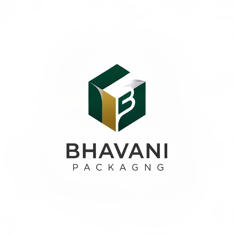 Professional logo design. Minimalist for a packaging design company named "Bhavani Packaging": Abstract representation of a folded box with a stylized "B" integrated into it, symbolizing creation and structure, Deep emerald green and sophisticated gold with subtle grey accents, Modern sans-serif with clean lines, Design with a focus on geometric precision and a hint of organic flow, Sharp edges transitioning into smooth curves, Solid white background.