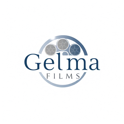Professional logo design. Pictorial for a film production company named "Gelma Films": A stylized film reel with subtle, abstract light flares, a sophisticated palette of deep blues, golds, and muted grays, and a modern, elegant sans-serif typeface. Design with a cinematic and artistic influence, focusing on a clean, memorable, and impactful visual execution, on a subtle textured background.