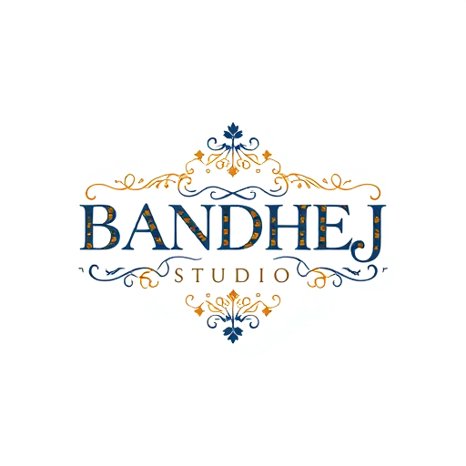 Professional logo design. Wordmark logo for a sari shop named "BANDHEJ STUDIO": featuring intricate, flowing typography that evokes the artistry of bandhej dyeing, paired with subtle geometric motifs inspired by traditional Indian patterns. Color palette of deep indigo, saffron, and gold, with accents of cream. Typography should be elegant and slightly calligraphic. Design with a focus on heritage and luxury, with a modern, sophisticated visual execution. Incorporate subtle textures that mimic woven fabric. White background.