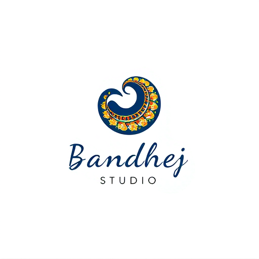 Professional logo design. Minimalist logo for a sari design company named "Bandhej Studio": Abstract representation of a paisley motif in a fluid, flowing form, symbolizing the drape of a sari and the intricate patterns of bandhej art. Color palette: Deep indigo, saffron yellow, and ivory white, evoking traditional Indian textiles and natural dyes. Typography: Elegant, hand-drawn script for "Bandhej Studio," with a slightly more modern sans-serif for "Studio." Design with an influence of traditional Indian block printing and contemporary art. Visual execution: Clean lines, subtle gradients, and a sense of organic movement. Background type: Clean white.
