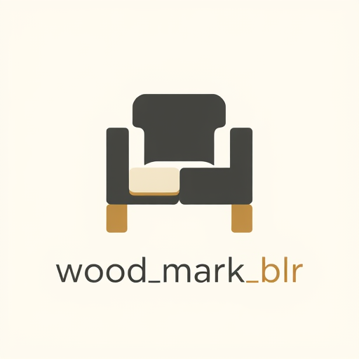 Professional logo design. Pictorial logo for furniture manufacturers named "wood_mark_blr": abstract interlocking shapes forming a stylized chair, representing modularity and design, Warm neutral palette of deep charcoal, creamy off-white, and subtle brushed gold accents, Elegant sans-serif typeface with rounded edges, Bauhaus influence with clean lines and geometric forms, sharp angles softened by subtle curves, a sense of refined craftsmanship, flat design with subtle gradients, transparent background.