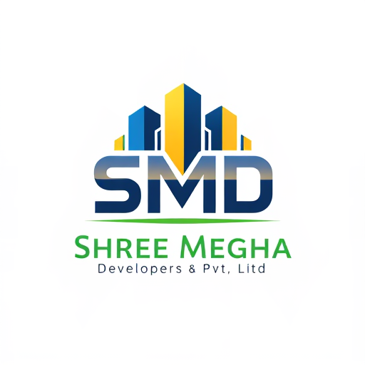 Professional logo design. A professional mascot-style logo for a real estate company named Shree Megha Developers Pvt Ltd. The mascot/icon should creatively integrate the letters SMD into its structure, forming the base or core design of the icon. Incorporate real estate elements such as sleek modern buildings, skyscrapers, or minimal open plot outlines. The design should be clean, bold, and minimal, exuding trust, stability, and premium quality. Use a balanced color palette of blues (trust), golds (luxury), and greens (growth). The overall style should be vector-based, scalable, and branding-ready. The mascot should look modern and authoritative, suitable for a professional real estate brand.