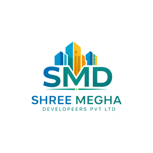 Professional logo design. A professional mascot-style logo for a real estate company named Shree Megha Developers Pvt Ltd. The mascot/icon should creatively integrate the letters SMD into its structure, forming the base or core design of the icon. Incorporate real estate elements such as sleek modern buildings, skyscrapers, or minimal open plot outlines. The design should be clean, bold, and minimal, exuding trust, stability, and premium quality. Use a balanced color palette of blues (trust), golds (luxury), and greens (growth). The overall style should be vector-based, scalable, and branding-ready. The mascot should look modern and authoritative, suitable for a professional real estate brand.