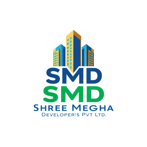 Professional logo design. A professional mascot-style logo for a real estate company named Shree Megha Developers Pvt Ltd. The mascot/icon should creatively integrate the letters SMD into its structure, forming the base or core design of the icon. Incorporate real estate elements such as sleek modern buildings, skyscrapers, or minimal open plot outlines. The design should be clean, bold, and minimal, exuding trust, stability, and premium quality. Use a balanced color palette of blues (trust), golds (luxury), and greens (growth). The overall style should be vector-based, scalable, and branding-ready. The mascot should look modern and authoritative, suitable for a professional real estate brand.