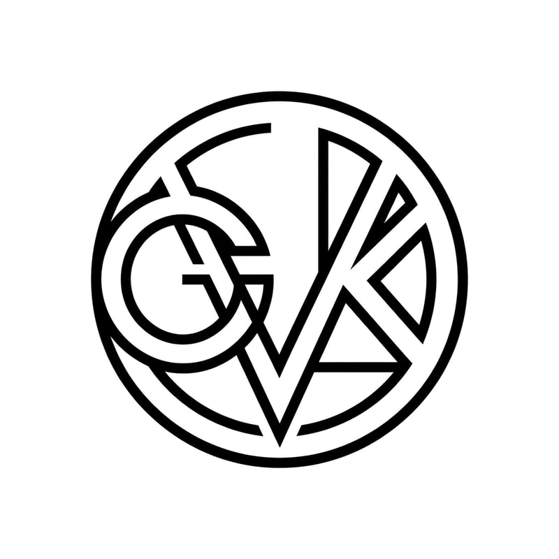 Design a modern abstract logo integrating the letters "GVKA" within a circular form. The letters should be creatively merged into a single cohesive symbol, not readable at first glance but subtly recognizable. Use geometric construction, smooth curves, and balanced symmetry. Focus on negative space to hide parts of the letters inside the circle. Keep it minimal, vector-style, and scalable. Use black and white color scheme. Centered composition on a clean background.