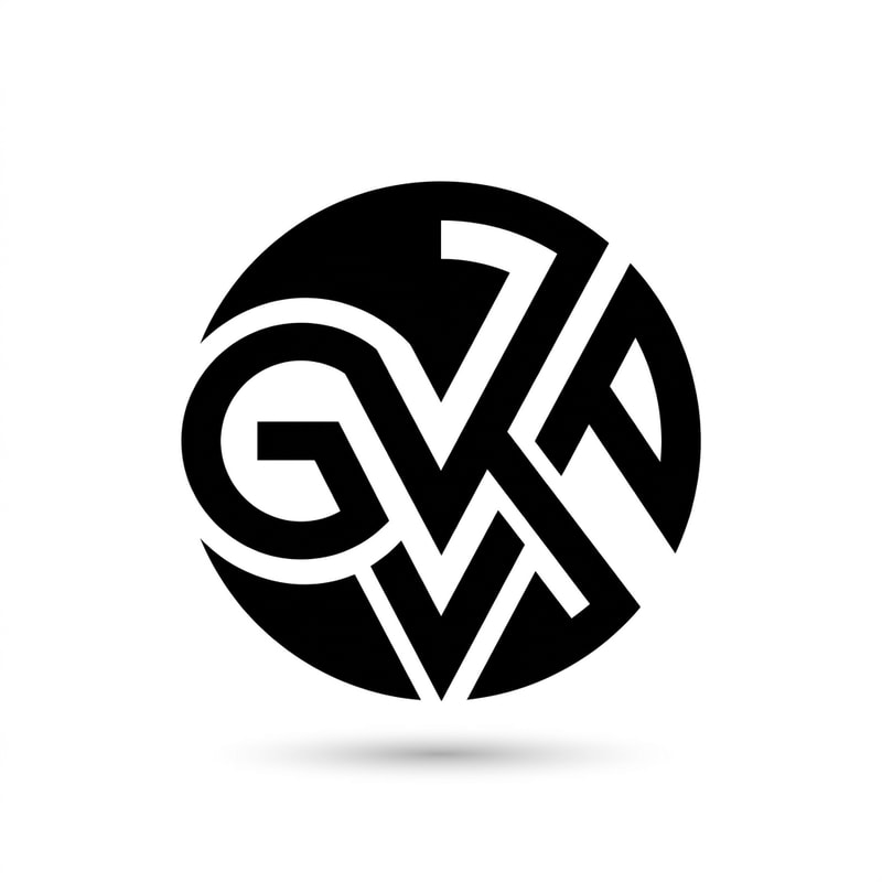 Design a modern abstract logo integrating the letters "GVKA" within a circular form. The letters should be creatively merged into a single cohesive symbol, not readable at first glance but subtly recognizable. Use geometric construction, smooth curves, and balanced symmetry. Focus on negative space to hide parts of the letters inside the circle. Keep it minimal, vector-style, and scalable. Use black and white color scheme. Centered composition on a clean background.