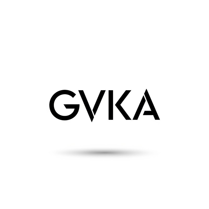 Design a modern minimalist logo using the letters "GVKA". Use clean geometric typography with balanced spacing. Incorporate subtle negative space and sharp edges to create a premium and professional feel. Color palette should be black and white or monochrome. Ensure the logo is scalable, vector-friendly, and suitable for branding. Place it on a clean white background with soft shadow presentation.