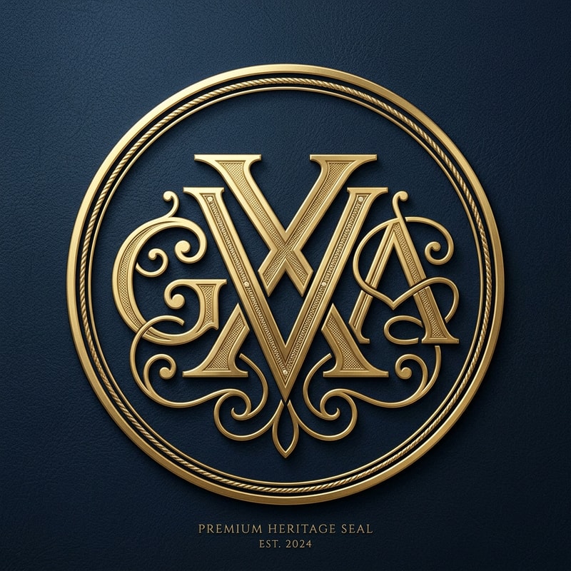Design a premium circular monogram logo using the initials "GVKA". Integrate the letters into a symmetrical emblem inside a perfect circle. Use elegant line work, fine detailing, and balanced spacing. The letters should interlock in an abstract yet structured way. Apply gold metallic texture on a dark background with subtle emboss effect. The design should resemble a high-end seal or signature mark.