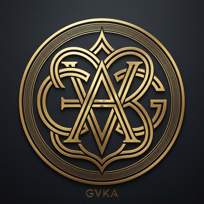 Design a premium circular monogram logo using the initials "GVKA". Integrate the letters into a symmetrical emblem inside a perfect circle. Use elegant line work, fine detailing, and balanced spacing. The letters should interlock in an abstract yet structured way. Apply gold metallic texture on a dark background with subtle emboss effect. The design should resemble a high-end seal or signature mark.