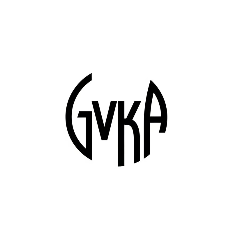 Design a modern abstract logo integrating the letters "GVKA" within a circular form. The letters should be creatively merged into a single cohesive symbol, not readable at first glance but subtly recognizable. Use geometric construction, smooth curves, and balanced symmetry. Focus on negative space to hide parts of the letters inside the circle. Keep it minimal, vector-style, and scalable. Use black and white color scheme. Centered composition on a clean background.