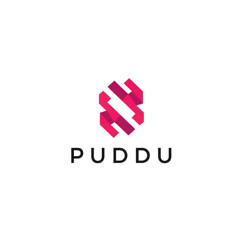 A minimalist brand logo featuring the text "PUDDU" — Centered typographic composition with a modern graphic emblem, Saturated and vibrant shades of pink, Clean and high-contrast professional aesthetic, Flat vector graphic design with sharp edges and balanced weighting, Keep the text "PUDDU" EXACTLY unchanged; no rewriting, redrawing, correcting, or adding any text, Isolated on a solid white background.