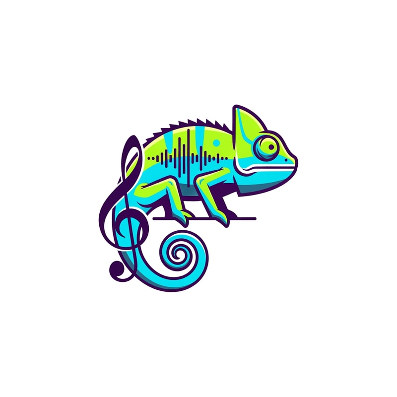 An iconic chameleon mascot character for a music brand, featuring a tail elegantly coiled into the shape of a treble clef and skin patterns that mimic the visual rhythm of sound waves — A perfectly centered and balanced vector logo layout that focuses on a bold, unique silhouette and expressive posture, A vibrant and rhythmic palette featuring electric lime, cyan, and deep violet, An energetic and creative atmosphere with a polished and clean modern aesthetic, A minimalist flat vector illustration characterized by crisp outlines and simplified geometric forms, Exclude all headphones and external audio hardware to ensure the musical theme is expressed solely through the chameleon's unique anatomy and posture, A solid white background.