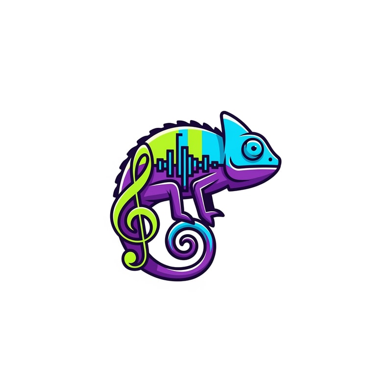 An iconic chameleon mascot character for a music brand, featuring a tail elegantly coiled into the shape of a treble clef and skin patterns that mimic the visual rhythm of sound waves — A perfectly centered and balanced vector logo layout that focuses on a bold, unique silhouette and expressive posture, A vibrant and rhythmic palette featuring electric lime, cyan, and deep violet, An energetic and creative atmosphere with a polished and clean modern aesthetic, A minimalist flat vector illustration characterized by crisp outlines and simplified geometric forms, Exclude all headphones and external audio hardware to ensure the musical theme is expressed solely through the chameleon's unique anatomy and posture, A solid white background.