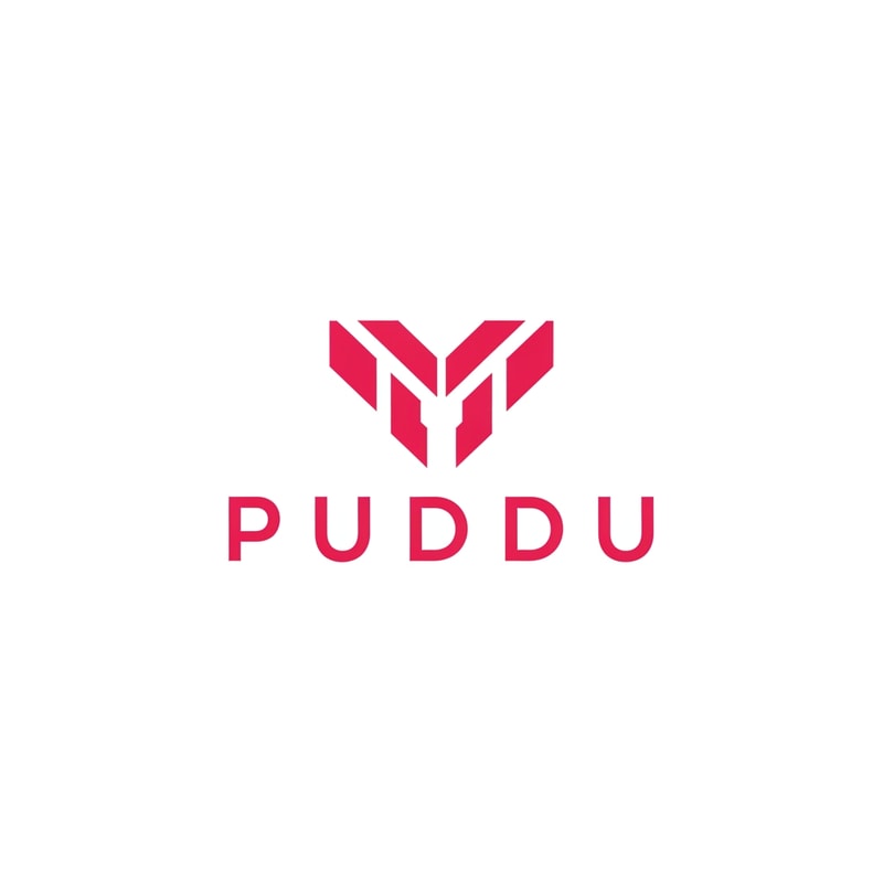 A minimalist brand logo featuring the text "PUDDU" — Centered typographic composition with a modern graphic emblem, Saturated and vibrant shades of pink, Clean and high-contrast professional aesthetic, Flat vector graphic design with sharp edges and balanced weighting, Keep the text "PUDDU" EXACTLY unchanged; no rewriting, redrawing, correcting, or adding any text, Isolated on a solid white background.