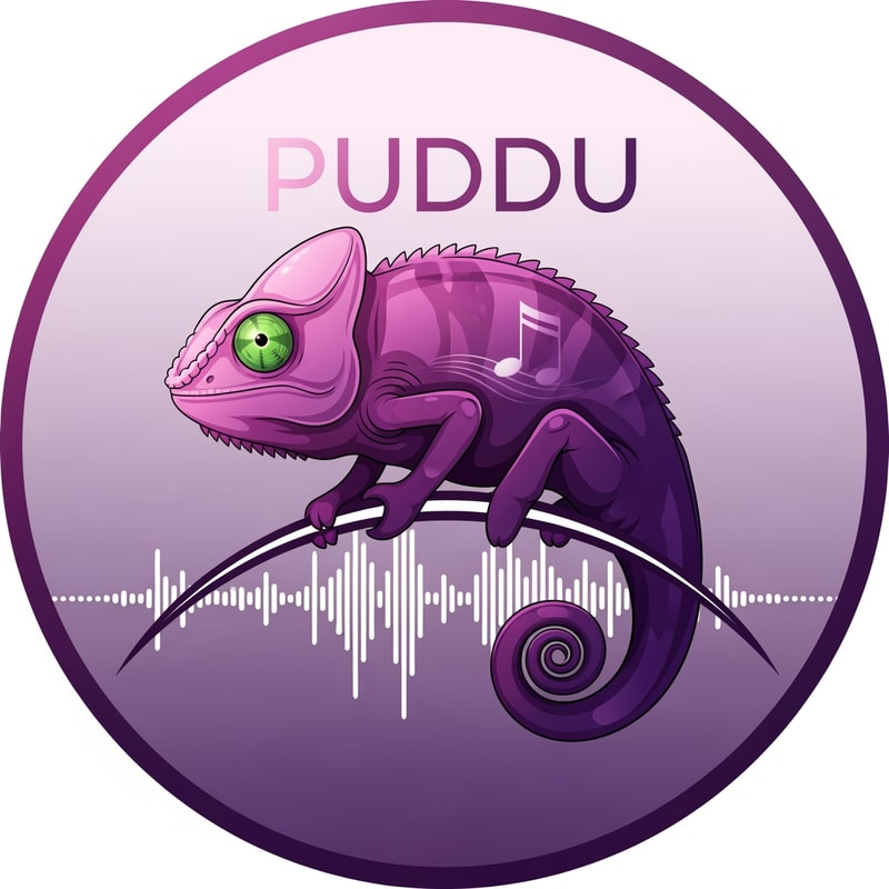 i need a logo for my social account, i am a producer and my name is PUDDU my favourite colors move to light pink to dark purple, my favourite animal is the camileon