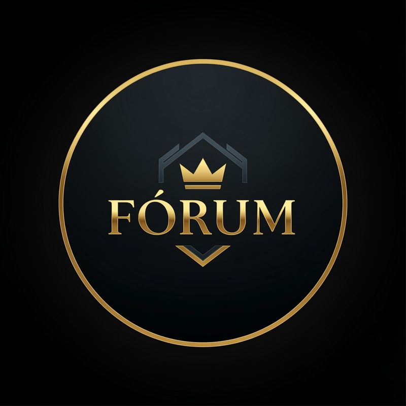 A sophisticated luxury gaming community logo featuring the word "Fórum" in a sharp, modern serif typeface integrated with a minimalist crown or geometric emblem — Centered and symmetrical vector mark designed for a circular profile picture, viewed head-on — A prestigious palette of polished gold, matte black, and deep slate grey — High-contrast studio lighting with elegant metallic reflections and sharp rim highlights — Minimalist high-end graphic design with clean vector lines and subtle 3D depth — Keep the text "Fórum" EXACTLY unchanged; no rewriting, redrawing, correcting, or adding any text; avoid cluttered details — A solid, dark obsidian background with a subtle vignette.