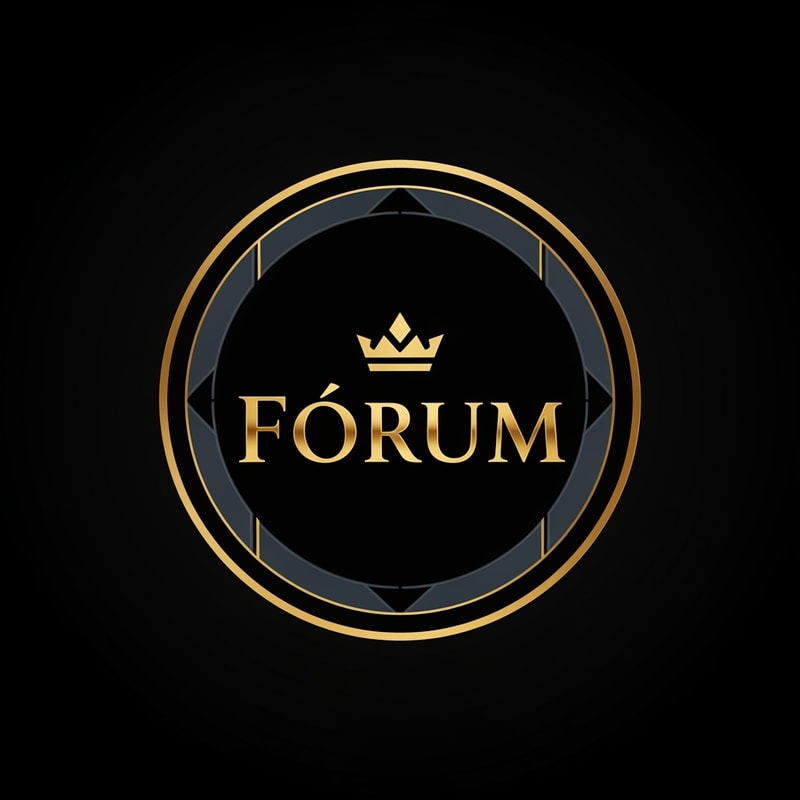 A sophisticated luxury gaming community logo featuring the word "Fórum" in a sharp, modern serif typeface integrated with a minimalist crown or geometric emblem — Centered and symmetrical vector mark designed for a circular profile picture, viewed head-on — A prestigious palette of polished gold, matte black, and deep slate grey — High-contrast studio lighting with elegant metallic reflections and sharp rim highlights — Minimalist high-end graphic design with clean vector lines and subtle 3D depth — Keep the text "Fórum" EXACTLY unchanged; no rewriting, redrawing, correcting, or adding any text; avoid cluttered details — A solid, dark obsidian background with a subtle vignette.