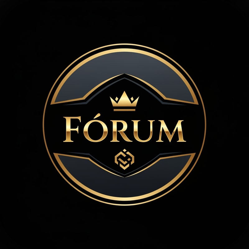 A sophisticated luxury gaming community logo featuring the word "Fórum" in a sharp, modern serif typeface integrated with a minimalist crown or geometric emblem — Centered and symmetrical vector mark designed for a circular profile picture, viewed head-on — A prestigious palette of polished gold, matte black, and deep slate grey — High-contrast studio lighting with elegant metallic reflections and sharp rim highlights — Minimalist high-end graphic design with clean vector lines and subtle 3D depth — Keep the text "Fórum" EXACTLY unchanged; no rewriting, redrawing, correcting, or adding any text; avoid cluttered details — A solid, dark obsidian background with a subtle vignette.